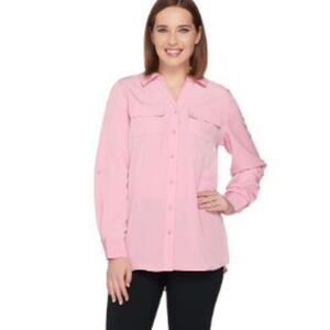 Denim & Co Women 3X Button Front Long Top Pink White Stripe Roll Tab Sleeve NWT